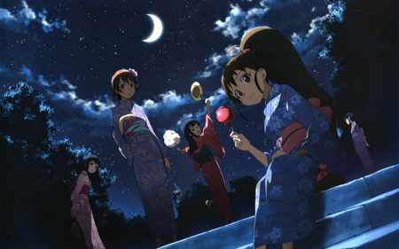 Working! - moon, anime, friends, kimono, night, working