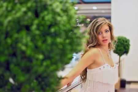 Charming Girl in White - white, background, girl, leaves, green, charming