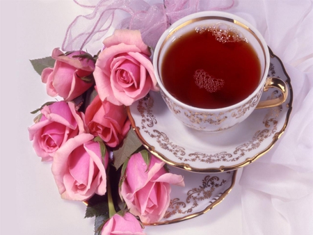 Love Breakfast with Pink Rose - roses, tea, love, breakfast