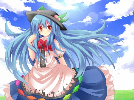 anime - hat, clouds, anime, hinanawi, blue, tenshi, dress, girl, eye, hair, red