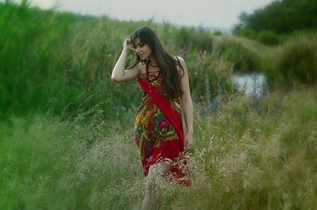 Beautiful Memories of you... - red, beautiful, walking, memories, grass, dress