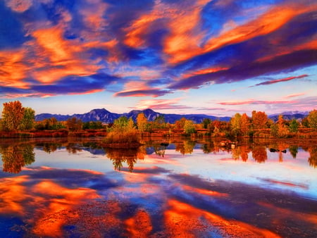 Sky colors - clouds, trees, water, beautiful, mirrored, island, reflection, fall, colorful, river, autumn, lake, sky