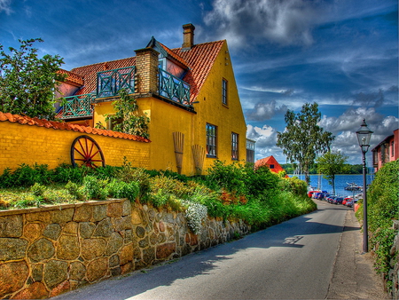 To live on a coast - sky, water, shore, coast, country, nature, beautiful, clouds, house, sea, destination