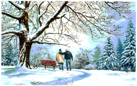 By William Mangum - winter, snow, walk, tree, william mangum, ice, nature, painting, couple, art