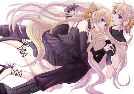 Kagamine Rin & Len - vocaloid, kagamine rin, butterfly, black dress, kagamine len, blonde hair, hug