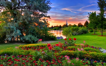 LAKE view PARK - flowers, hdr, garden, lake, clouds, trees, sunset, nature, park