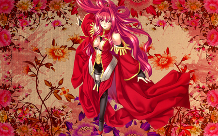 Anime - pretty, anime, decoration, beautiful, decor, dress, girl, flower, petals, long hair, nature, vine, red, woman, makeup