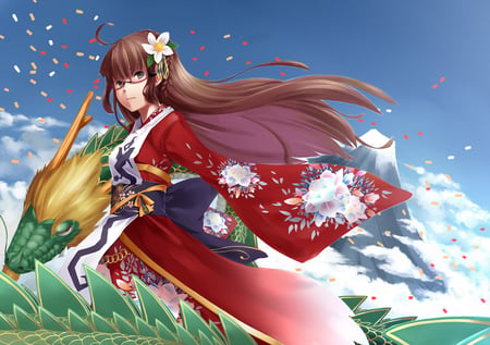 Dragon - fur, sky, glasses, long hair, scales, petals, creature, clouds, dragon, kimono, grass, fly, flower