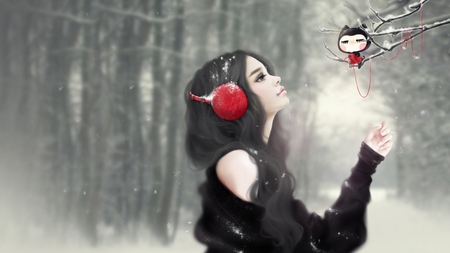 Winter - warm, pretty, trees, branch, cartoon, winter, person, sweater, snow, girl, oriental, cgi, cold, earmuffs, asian