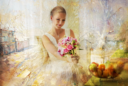 Bride - painting, pink, smiling, beautiful, flowers, bride