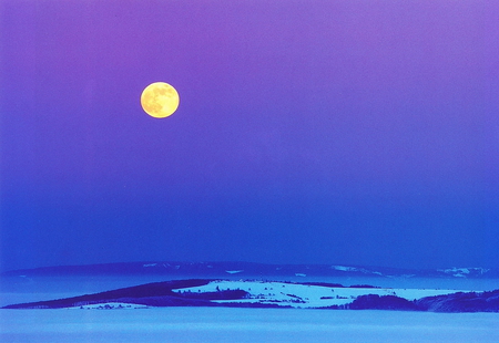 Magic scenery - moon, hill, landscape, winter, night, nature, blue, beautiful, fullmoon