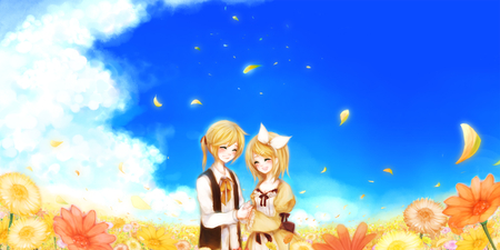 Len & Rin - blonde hair, kagamine rin, vocaloid, kagamine len, flower field