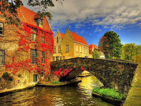 A town in autumn - autumn, sky, water, summer, fall, town, reflection, channel, clouds, beautiful, river, leaves, sunny, bridge, old town