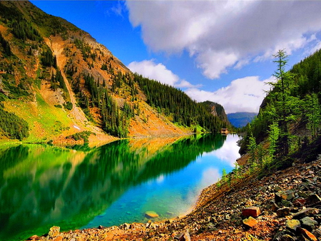 Mountain slopes - sky, mountain, water, colorful, summer, slopes, creek, nature, mountainscape, reflection, river, clouds