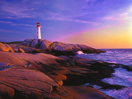 Lighthouse at sunrise - ocean, beach, lighthouse, sky, sundown, water, summer, shore, sunset, rocks, nature, clouds, beautiful, stones, sea, sunrise