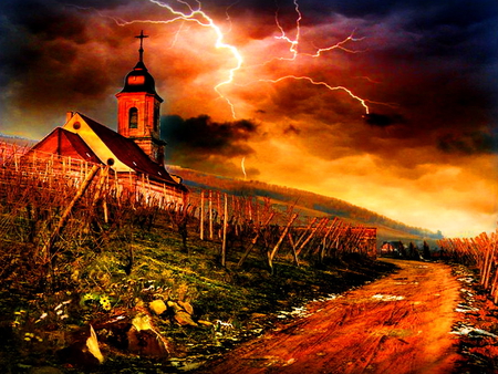 Summer storm - slope, sky, light, night, summer, flash, storm, nature, fiery, castle, red, clouds, thunder