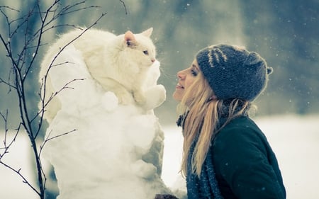 â™¥Friendshipâ™¥ - woman, love, cat, girl, photography, winter, snowflakes, nature, snow, friendship, friend