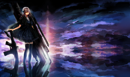 Anime - anime, girl, weapon, light, sky