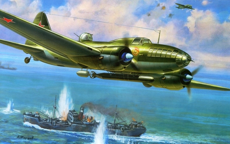 Closing Off The Supplies - airplane, boat, war, plane, ww2, art, wwii, ship, ilyushin, il-4, russian, drawing, world, painting, classic, il4, antique