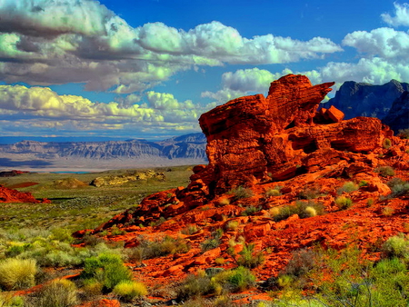 The dream - sky, landscape, mountain, summer, dream, field, nature, wilderness, dreamy land, clouds, red, wild, beautiful, rock