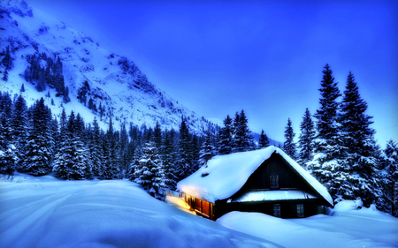 Winter - beauty, cottage, sky, trees, peaceful, mountains, white, view, pretty, winter time, house, tree, snowy, houses, landscape, winter, lovely, nature, snow, blue, beautiful, splendor, winter splendor