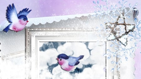 Snow Birds - star, birds, winter, lavender, snowflakes, blue, whimsical, snow, cold, cute