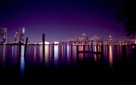 Miami - water, beautiful, sea, night, reflection, buildings, architecture, usa, florida, miami, lights, skyscrapers, sky