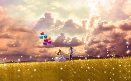 Love in the Sky - cloud, sky, valentine, balloon, field, love, girl, boy