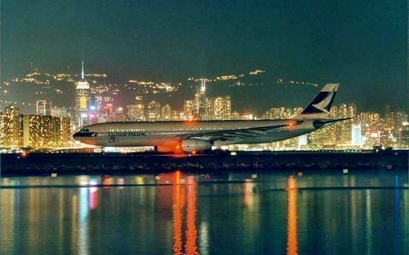 cathay-pacific - commercial, aircraft, city, skyline