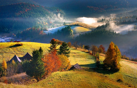 Beautiful dawn - clouds, homes, trees, hills, field, country, light, sky