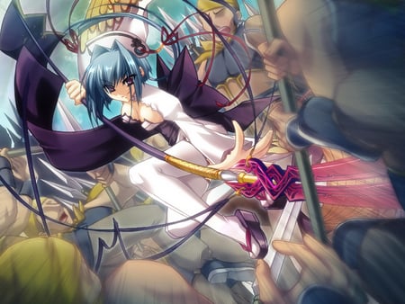 Chou'un - anime, female, weapons, fighting, purple eyes, waistband, chouun, koihime musou, blue hair, fight, spear, thigh highs, action