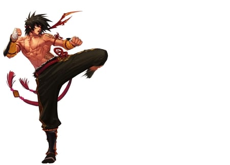 Dungeon Fighter - male, kicking, lone, dungeon fighter, headband, one, kick, black hair, tattoo, white background, games, video games, spiky hair