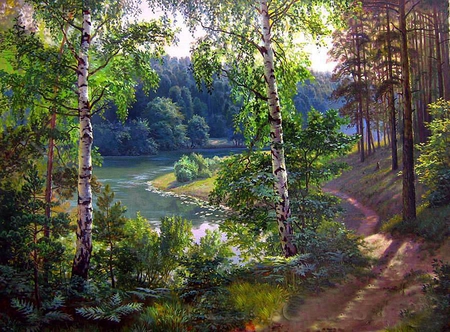 S.Potapov. The river in the woods - wood, painting, art, forest, tree, s potapov