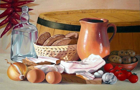 Sergei Grishchenko. Ukrainian Still Life - bread, sergei grishchenko, food, fruit, egg, art, still life