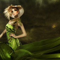 green gown & her feather lace hat