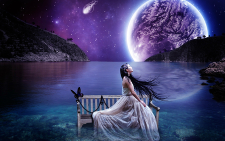 purple ocean - bird, purple, woman, bench, ocean