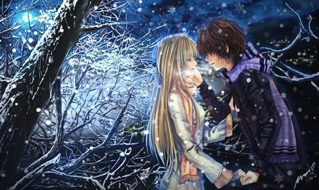 Young animes in love - boy, anime, winter, girl, kiss, couple, love