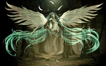 Here i come.. - woods, angel, trees, wings, fantasy