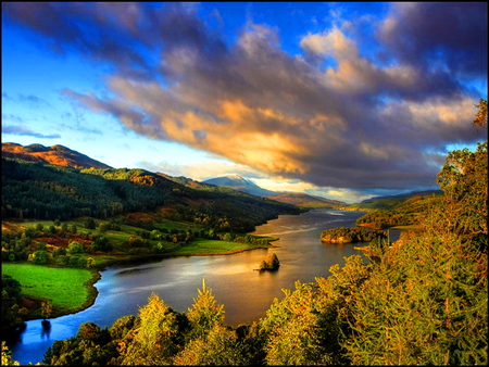 Landscape - slope, autumn, sky, mountain, hills, trees, stream, water, summer, sunset, peak, nature, clouds, river