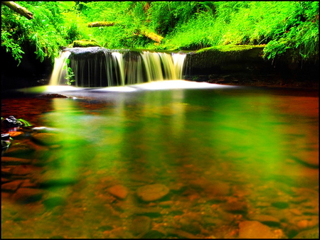 Forest waters - lake, peaceful, mirrored, silent, waterfall, nature, reflections, fall, forest, emerald, beautiful, green, waters, pond