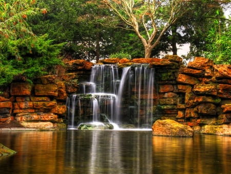 Falling water - trees, summer, beautiful, mirrored, forest, reflection, stones, fall, nature, waterfall