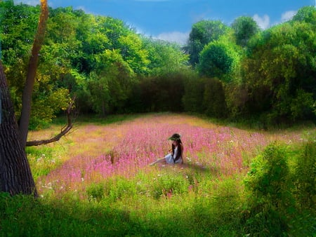 Among summer flowers - fresh, trees, girl, joy, summer, field, enjoy, forest, lonely, pink, green, flowers, grass, happy