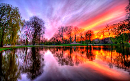 Reflection - splendor, grass, leaves, view, lake, sky, clouds, trees, water, beautiful, beauty, colors, lovely, tree, colorful, nature, sunset, green, peaceful, park