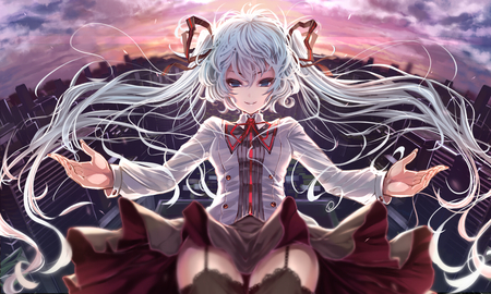 Miku - vocaloid, twintails, thighhighs, hatsune miku, city, long hair, sunset, shiokonbu, aqua hair, ribbons, blue eyes