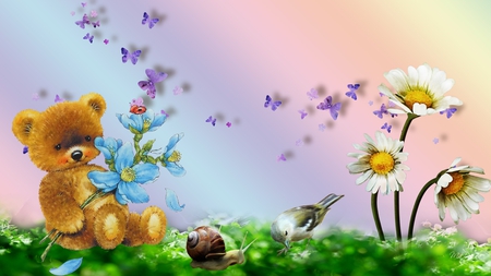 Teddys Spring Garden - bird, summer, daisy, spring, grass, snail, flowers, daisies, teddy bear, lady bug