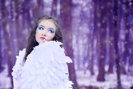 Sweet Angel - winter, snowflakes, beautiful, snow, girl, beauty, angel, purple, woman, wings, forestmnature, face, makeup