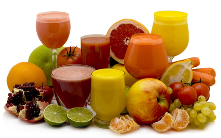 Fruit and juice arrangement - juice, food, fruit, orange, apple, lemon