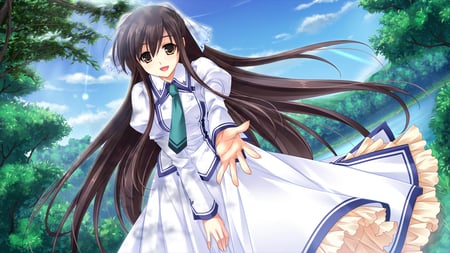 Come - clouds, tie, anime, dress, long hair, tree, nature, ribbon, come, sky