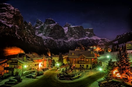 Mountainside Village - shine, mountains, lights, winter, evening, beautiful, cars, colorful