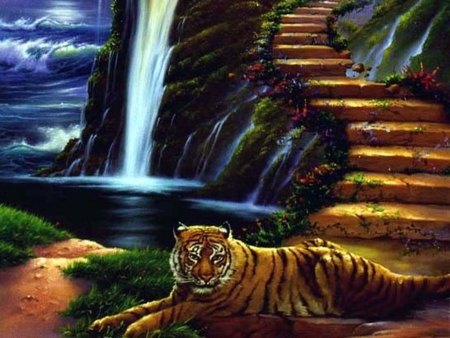 STEPS TO HEAVEN - steps, tiger, waterfall, heaven